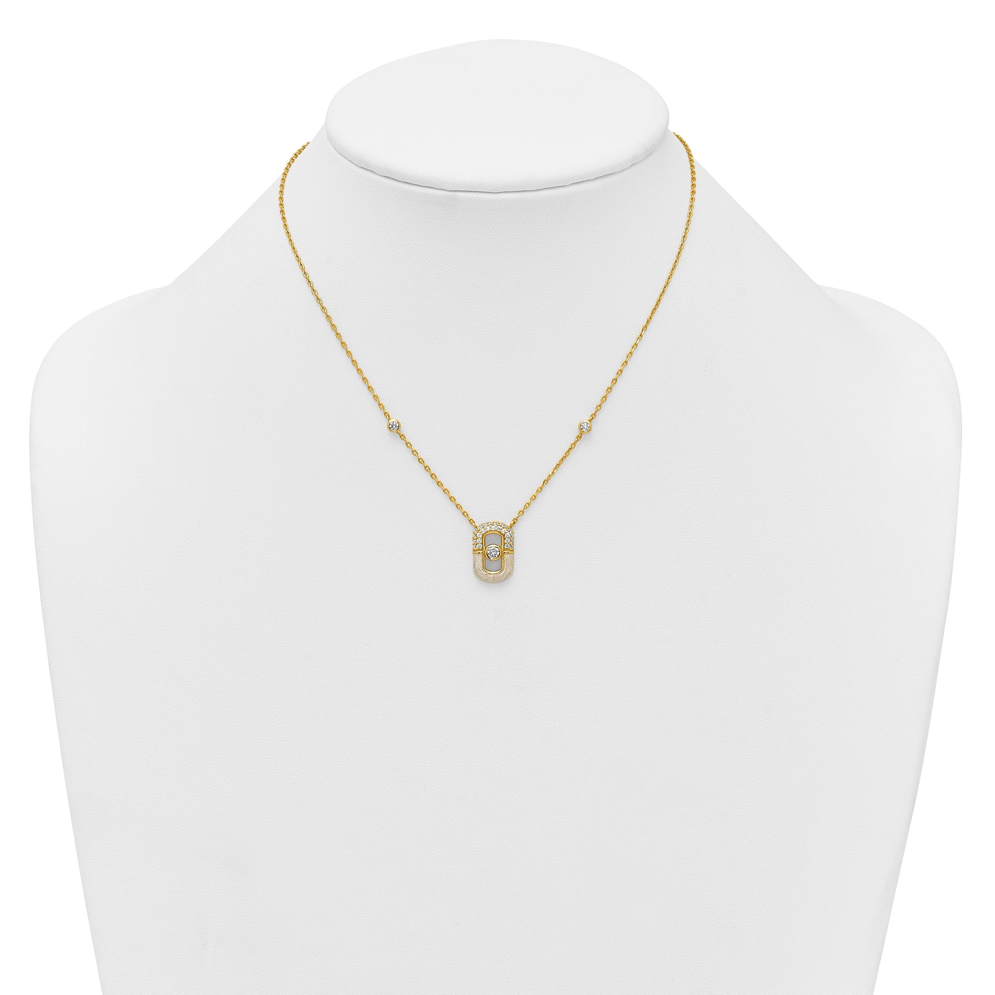 Sterling Silver Gold-tone CZ and Champagne Enamel Rectangle 16 inch with 1.5 inch Extension Necklace