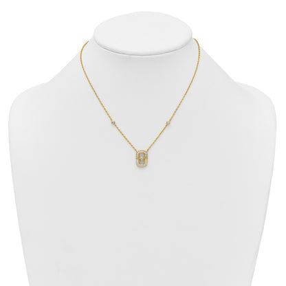 Sterling Silver Gold-tone CZ and Champagne Enamel Rectangle 16 inch with 1.5 inch Extension Necklace