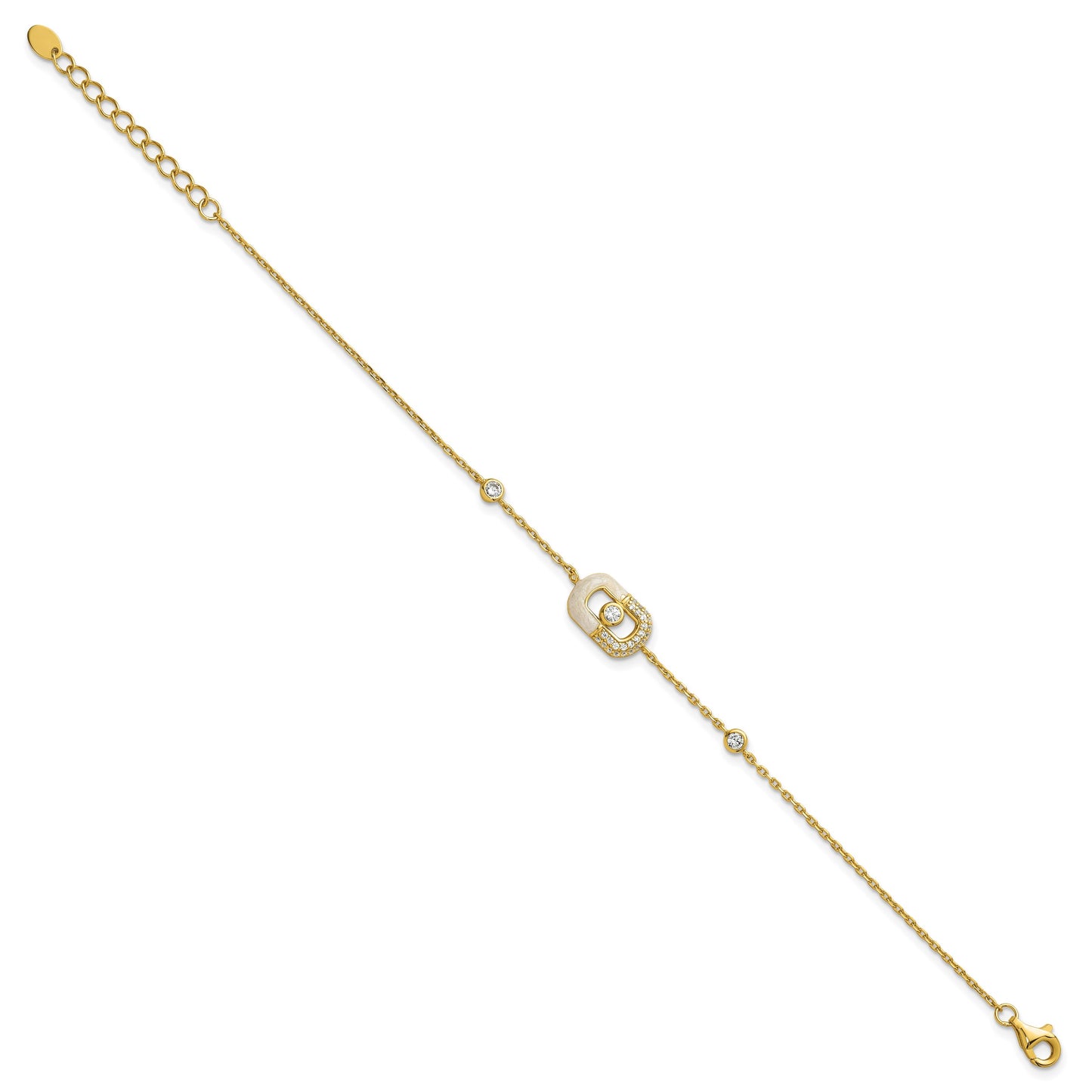 Sterling Silver Gold-tone CZ and Champagne Enamel Rectangle 7 inch with  0.5 inch Extension Bracelet