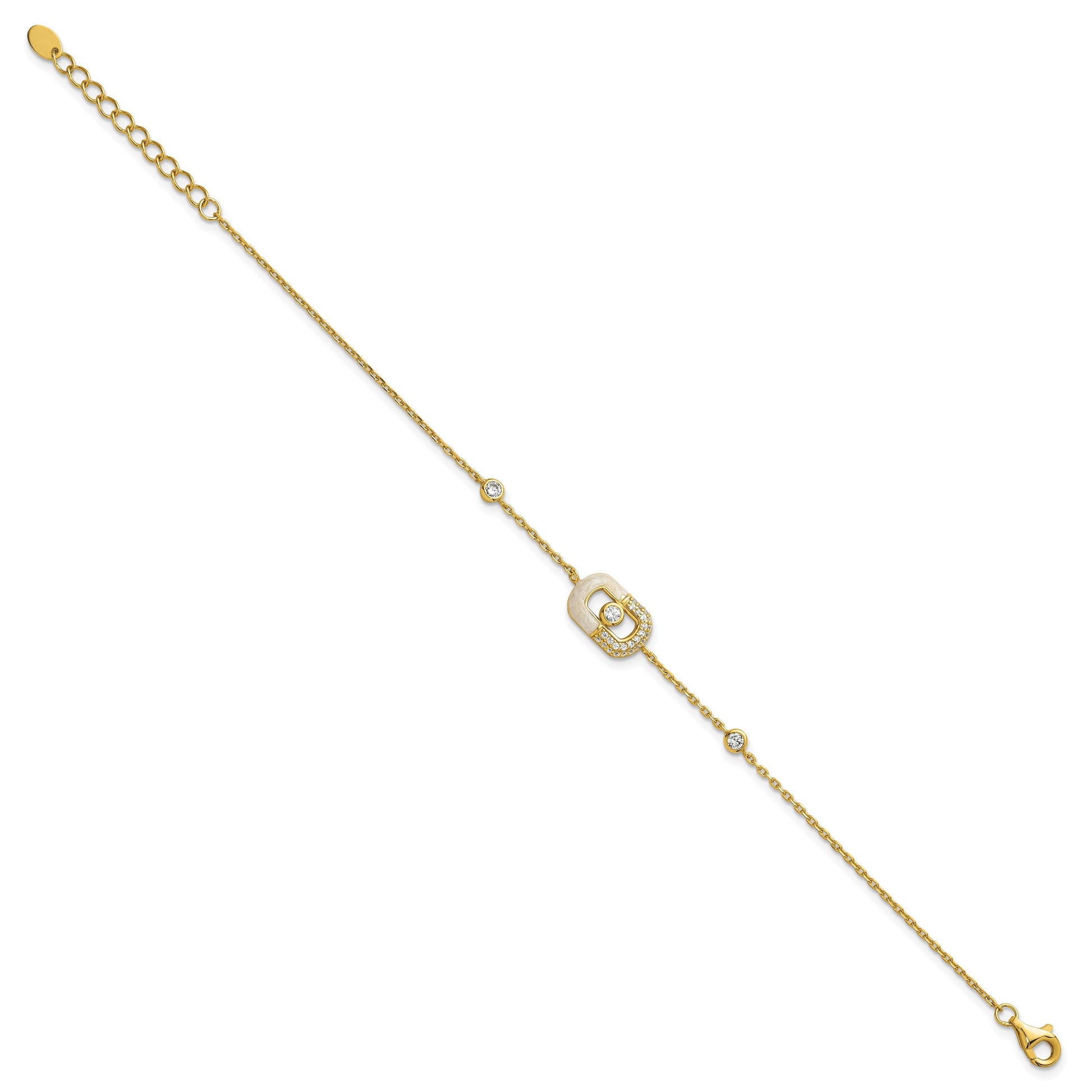 Sterling Silver Gold-tone CZ and Champagne Enamel Rectangle 7 inch with  0.5 inch Extension Bracelet