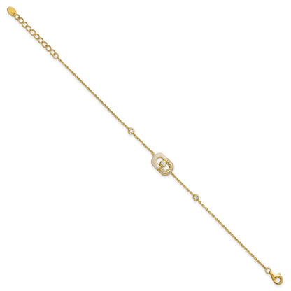Sterling Silver Gold-tone CZ and Champagne Enamel Rectangle 7 inch with  0.5 inch Extension Bracelet