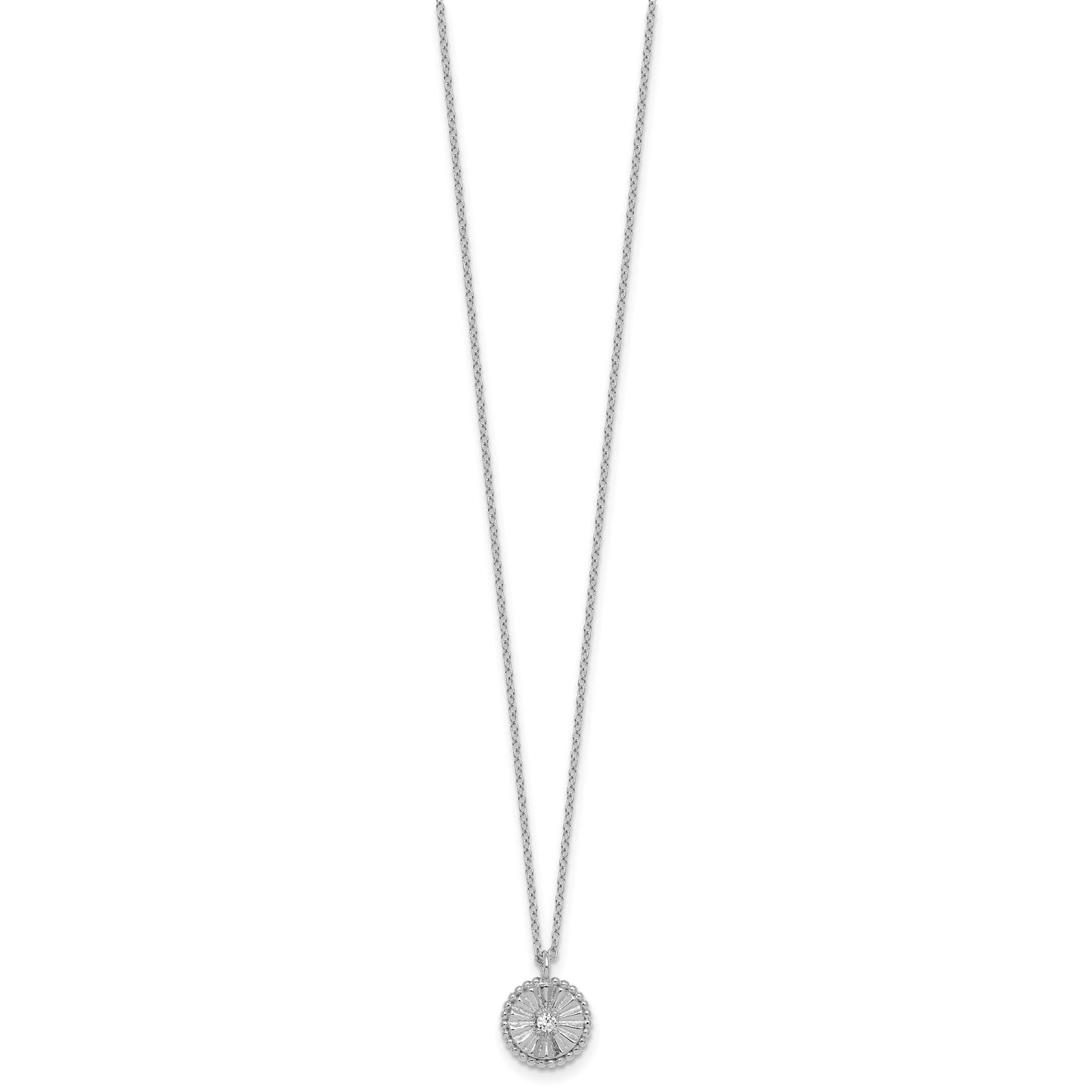 Sterling Silver Rhodium-plated Polished Beaded and Textured CZ Circle 16 Inch with 2 Inch Extension Necklace