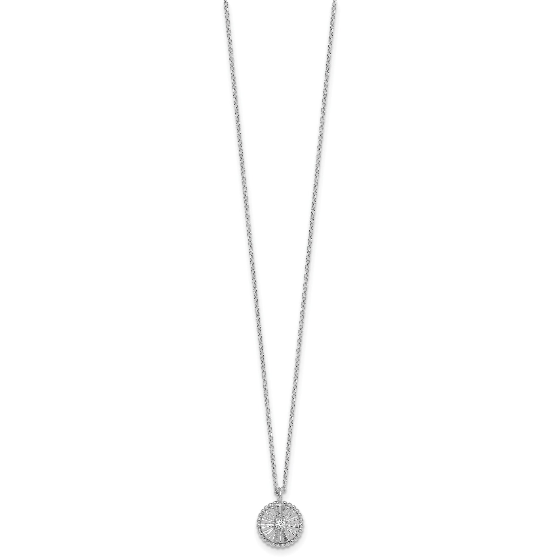 Sterling Silver Rhodium-plated Polished Beaded and Textured CZ Circle 16 Inch with 2 Inch Extension Necklace