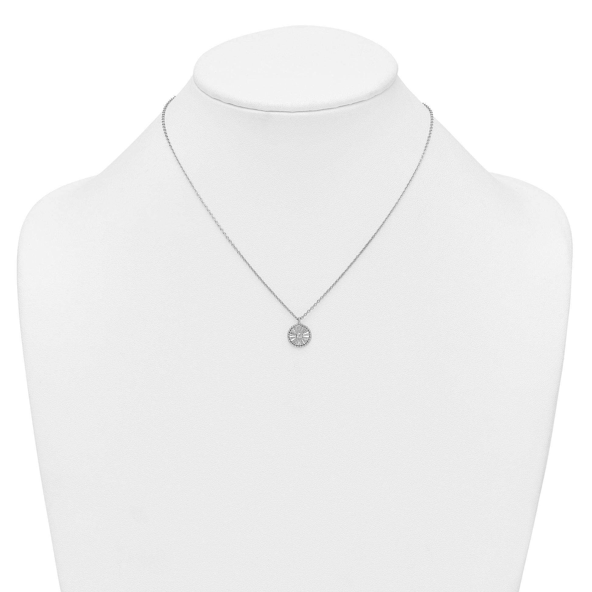 Sterling Silver Rhodium-plated Polished Beaded and Textured CZ Circle 16 Inch with 2 Inch Extension Necklace
