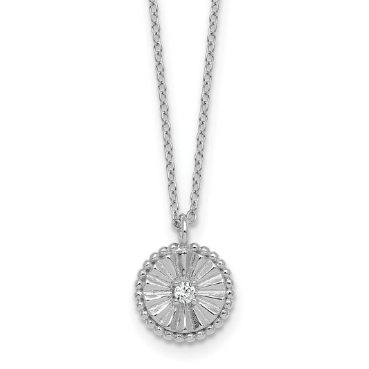 Sterling Silver Rhodium-plated Polished Beaded and Textured CZ Circle 16 Inch with 2 Inch Extension Necklace
