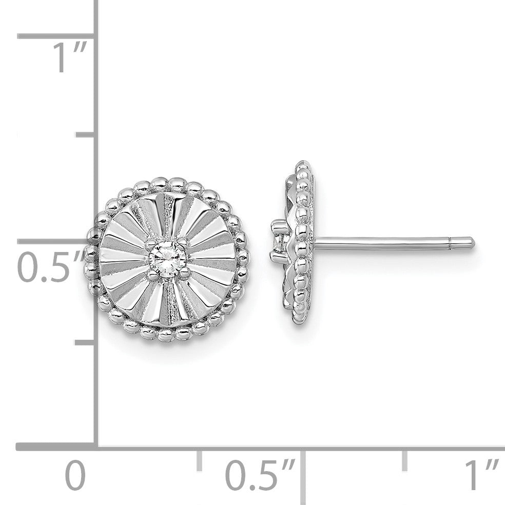 Sterling Silver Rhodium-plated Polished Beaded and Textured CZ Circle Post Earrings