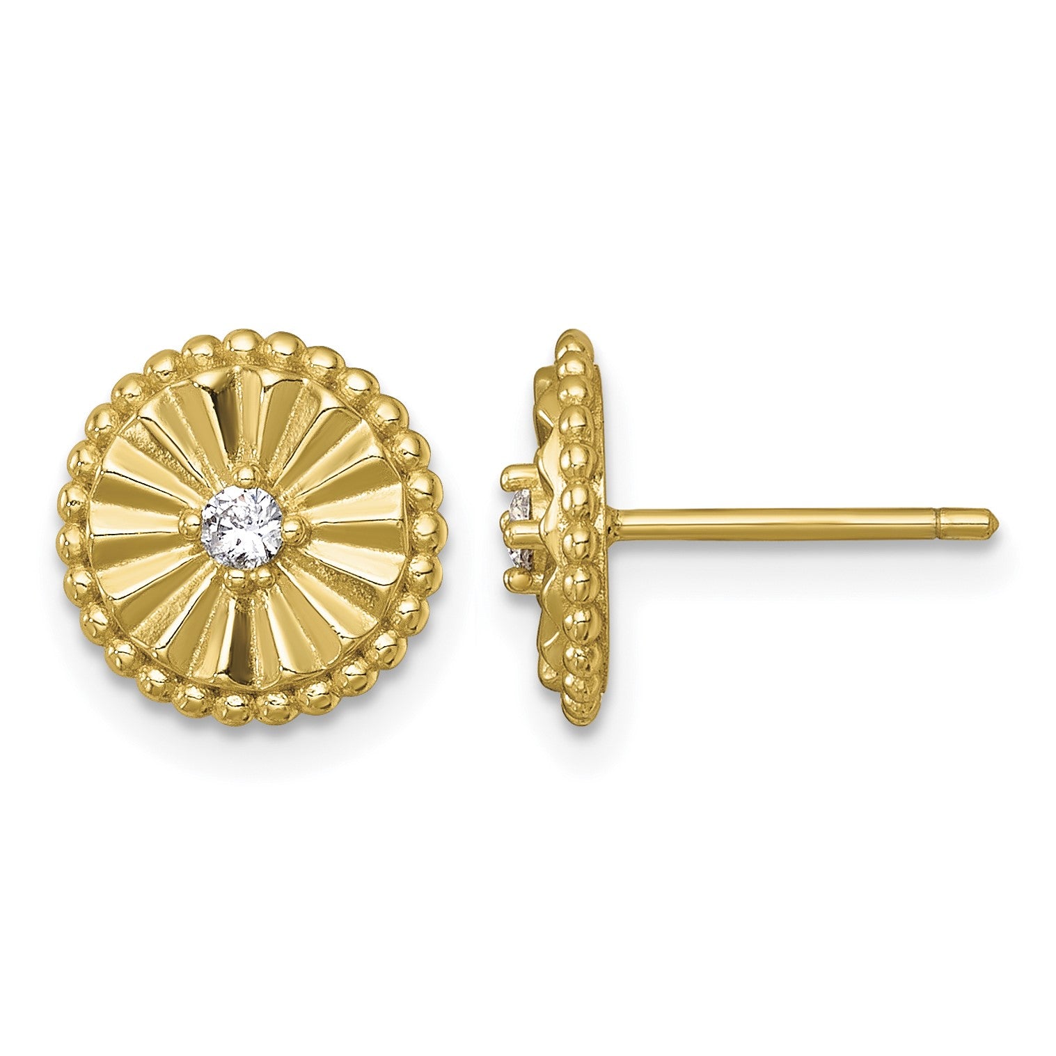 Sterling Silver Gold-tone Polished Beaded and Textured CZ Circle Post Earrings