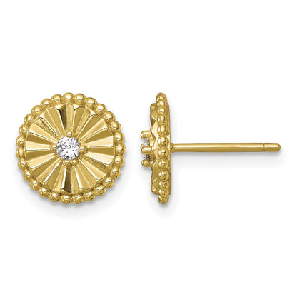 Sterling Silver Gold-tone Polished Beaded and Textured CZ Circle Post Earrings