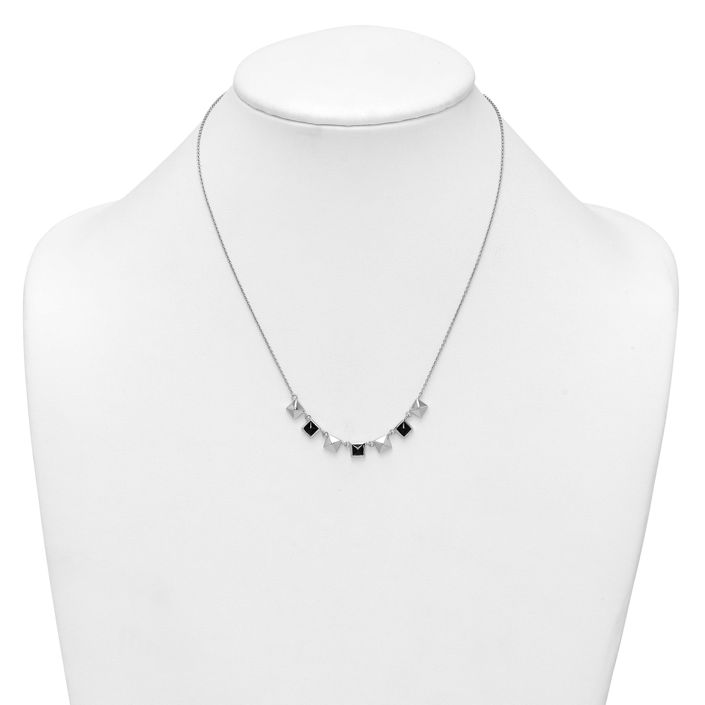 Sterling Silver Rhodium-plated Polished Black CZ and Pyramid Squares 17.75 inch Necklace