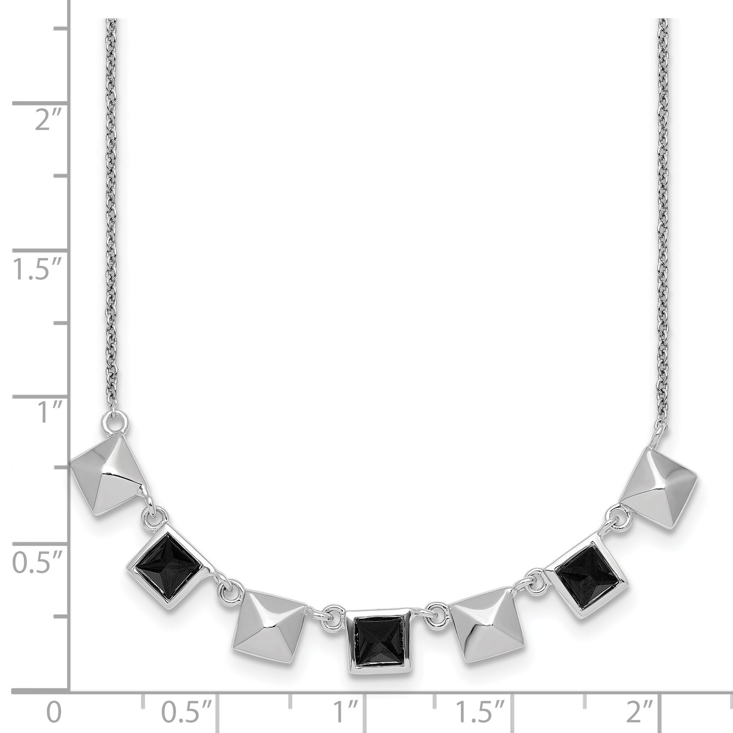 Sterling Silver Rhodium-plated Polished Black CZ and Pyramid Squares 17.75 inch Necklace