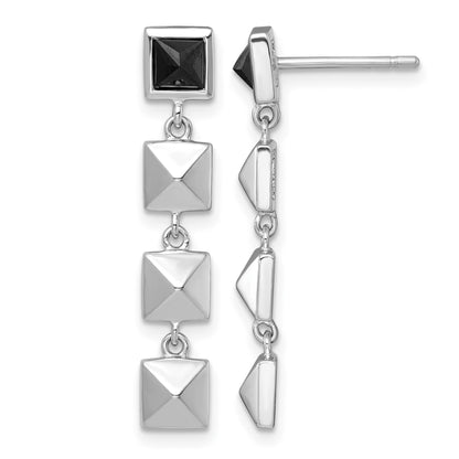 Sterling Silver Rhodium-plated Polished Black CZ and Pyramid Squares Dangle Post Earrings