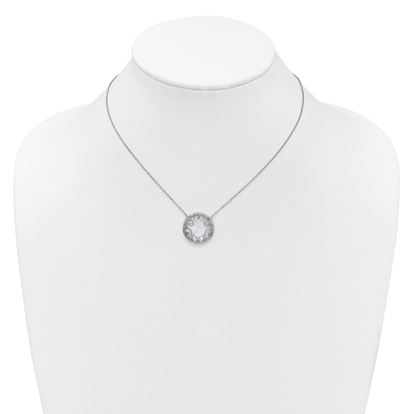 Sterling Silver Rhodium-plated Polished Filigree Mother of Pearl Filigree Circle 16 Inch with 2 Inch Extension Necklace