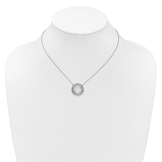 Sterling Silver Rhodium-plated Polished Filigree Mother of Pearl Filigree Circle 16 Inch with 2 Inch Extension Necklace