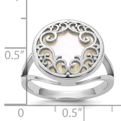 Sterling Silver Rhodium-plated Polished Filigree Mother of Pearl Filigree Circle Size 7 Ring