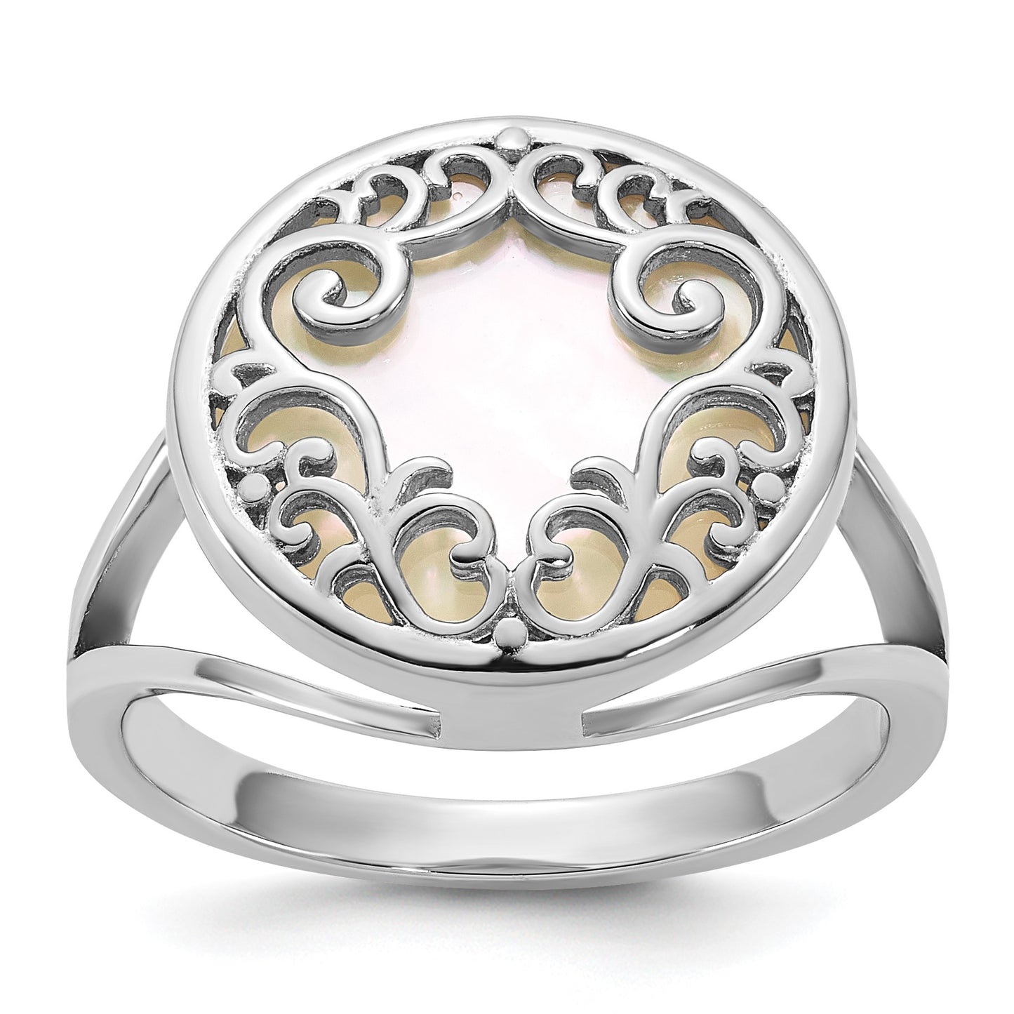Sterling Silver Rhodium-plated Polished Filigree Mother of Pearl Filigree Circle Size 7 Ring