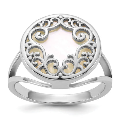 Sterling Silver Rhodium-plated Polished Filigree Mother of Pearl Filigree Circle Size 7 Ring