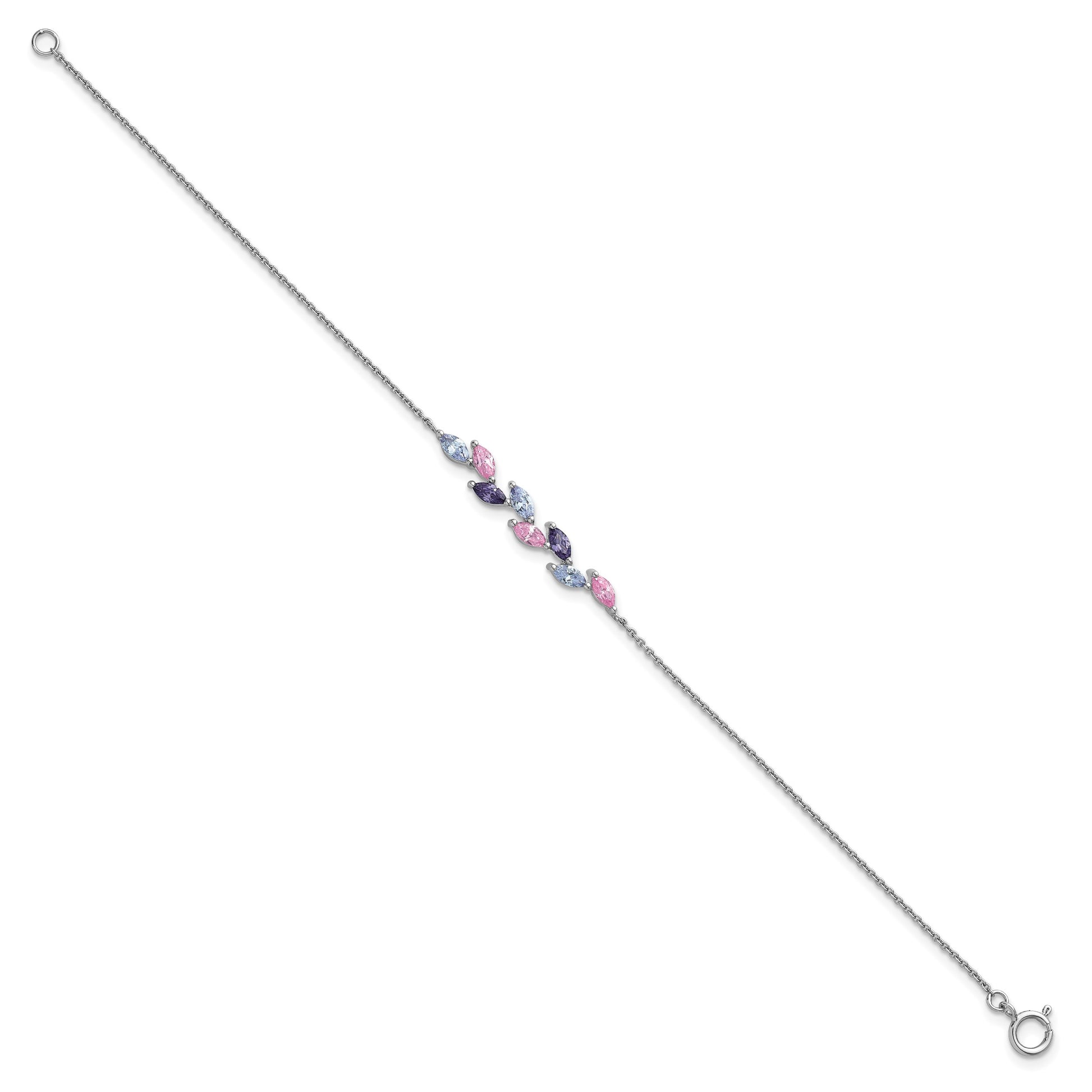 Sterling Silver Rhodium-plated Polished Fancy Pink and Purple Marquise CZ 7 Inch Bracelet