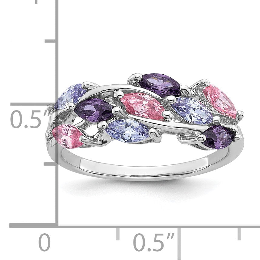 Sterling Silver Rhodium-plated Polished Fancy Pink and Purple Marquise CZ Size 8 Ring