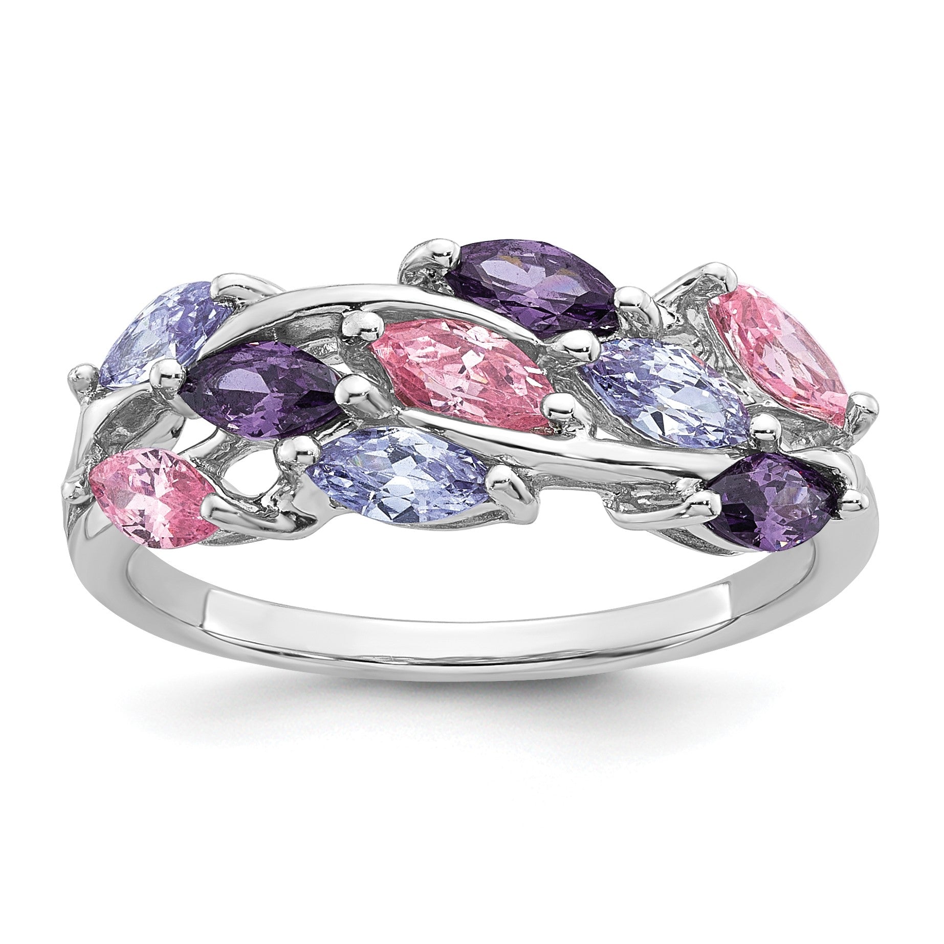 Sterling Silver Rhodium-plated Polished Fancy Pink and Purple Marquise CZ Size 8 Ring