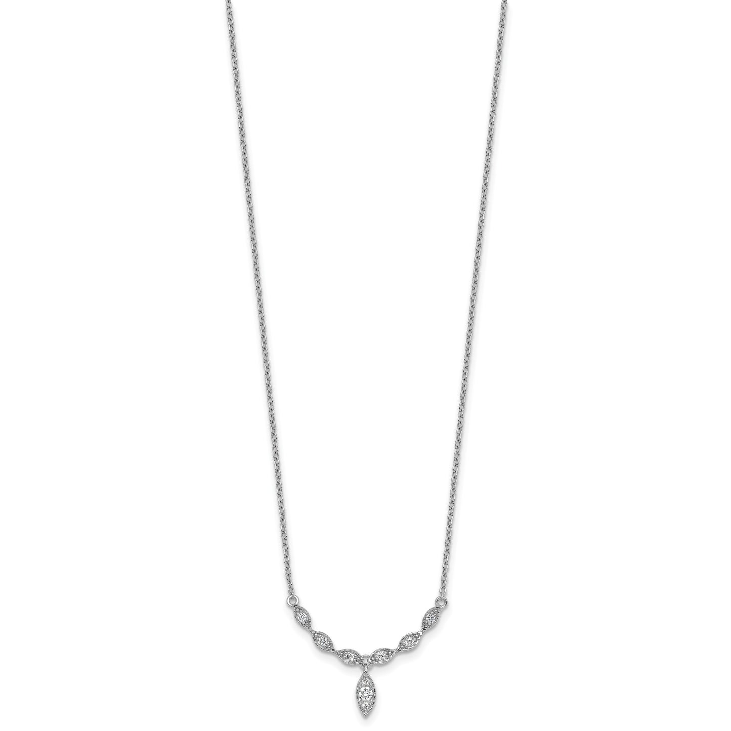 Sterling Silver Rhodium-plated Polished Fancy CZ Drop 16.5 inch with 1 inch Extension Necklace