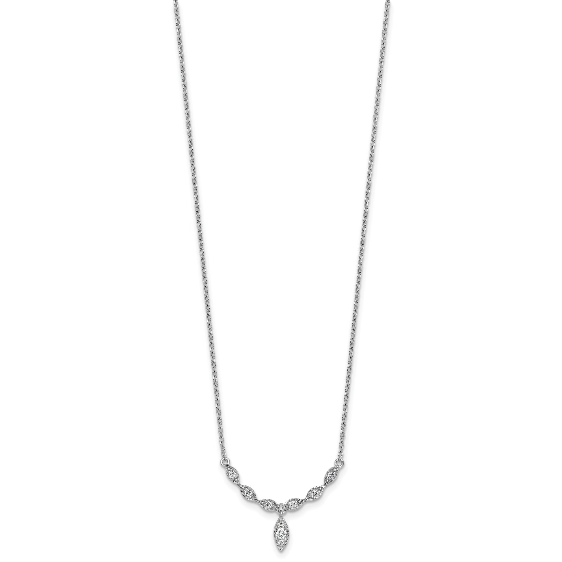 Sterling Silver Rhodium-plated Polished Fancy CZ Drop 16.5 inch with 1 inch Extension Necklace