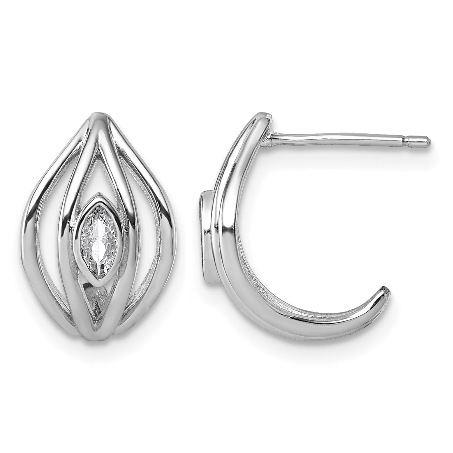 Sterling Silver Rhodium-plated Marquise CZ Polished Oval J-Hoop Post Earrings