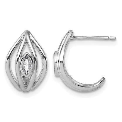 Sterling Silver Rhodium-plated Marquise CZ Polished Oval J-Hoop Post Earrings