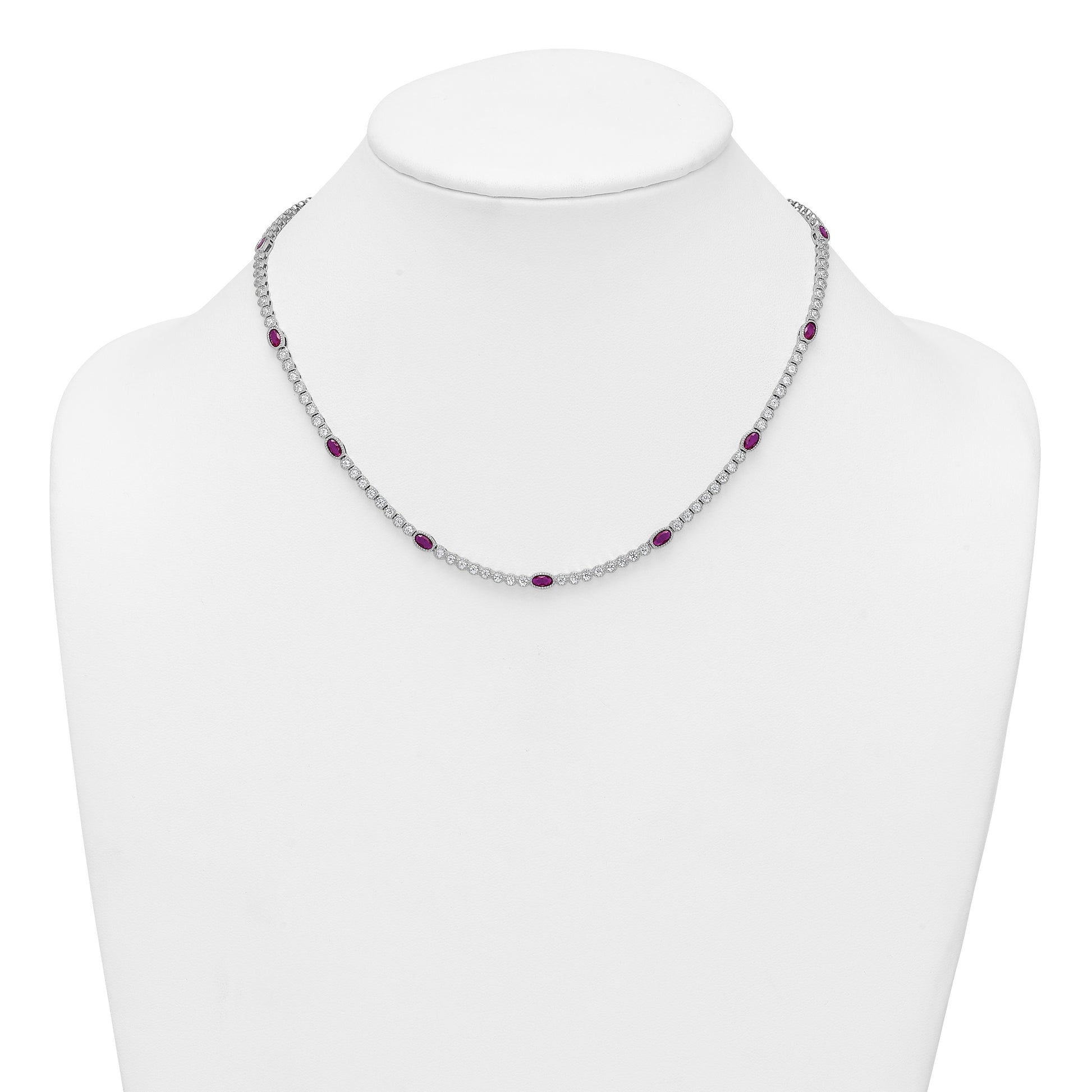 Sterling Silver Rhodium-plated Polished and Beaded Fancy Oval Red and Round White CZ 17 Inch Necklace
