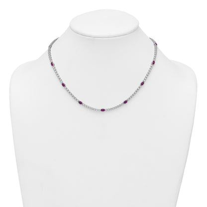 Sterling Silver Rhodium-plated Polished and Beaded Fancy Oval Red and Round White CZ 17 Inch Necklace