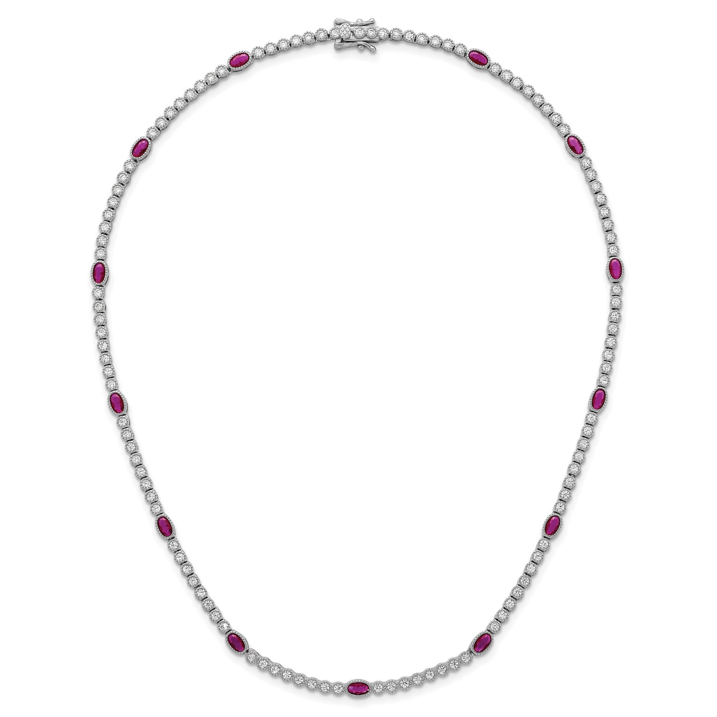 Sterling Silver Rhodium-plated Polished and Beaded Fancy Oval Red and Round White CZ 17 Inch Necklace