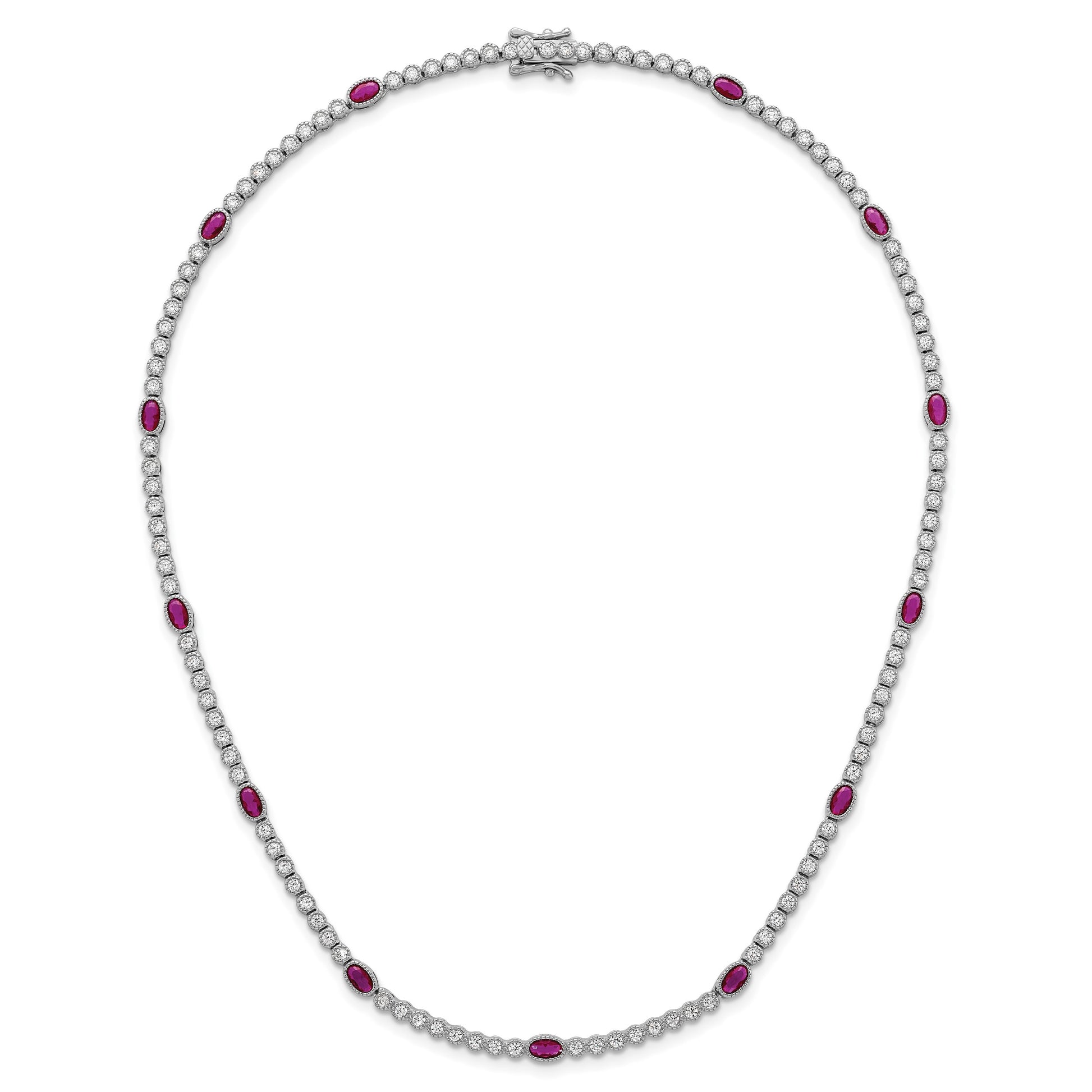 Sterling Silver Rhodium-plated Polished and Beaded Fancy Oval Red and Round White CZ 17 Inch Necklace