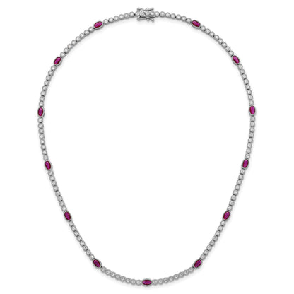 Sterling Silver Rhodium-plated Polished and Beaded Fancy Oval Red and Round White CZ 17 Inch Necklace