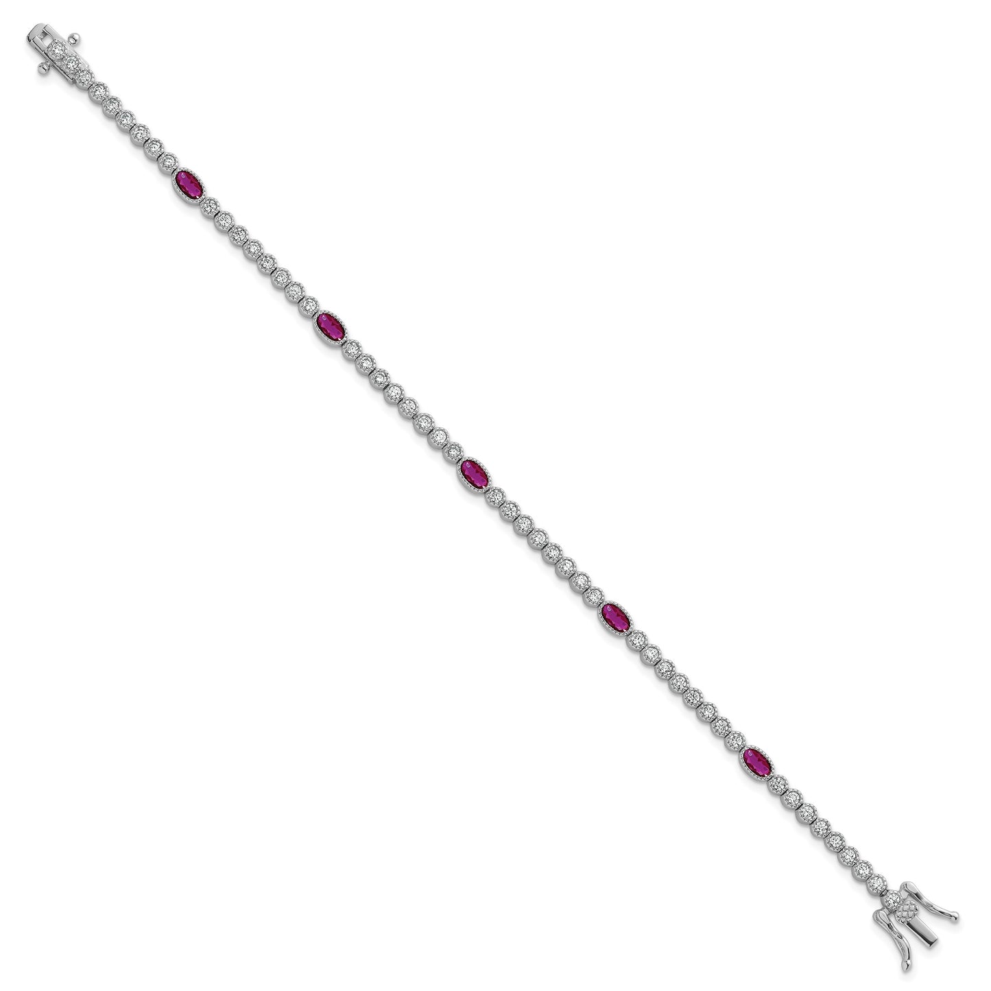 Sterling Silver Rhodium-plated Polished and Beaded Fancy Oval Red and Round White CZ 7 Inch Bracelet