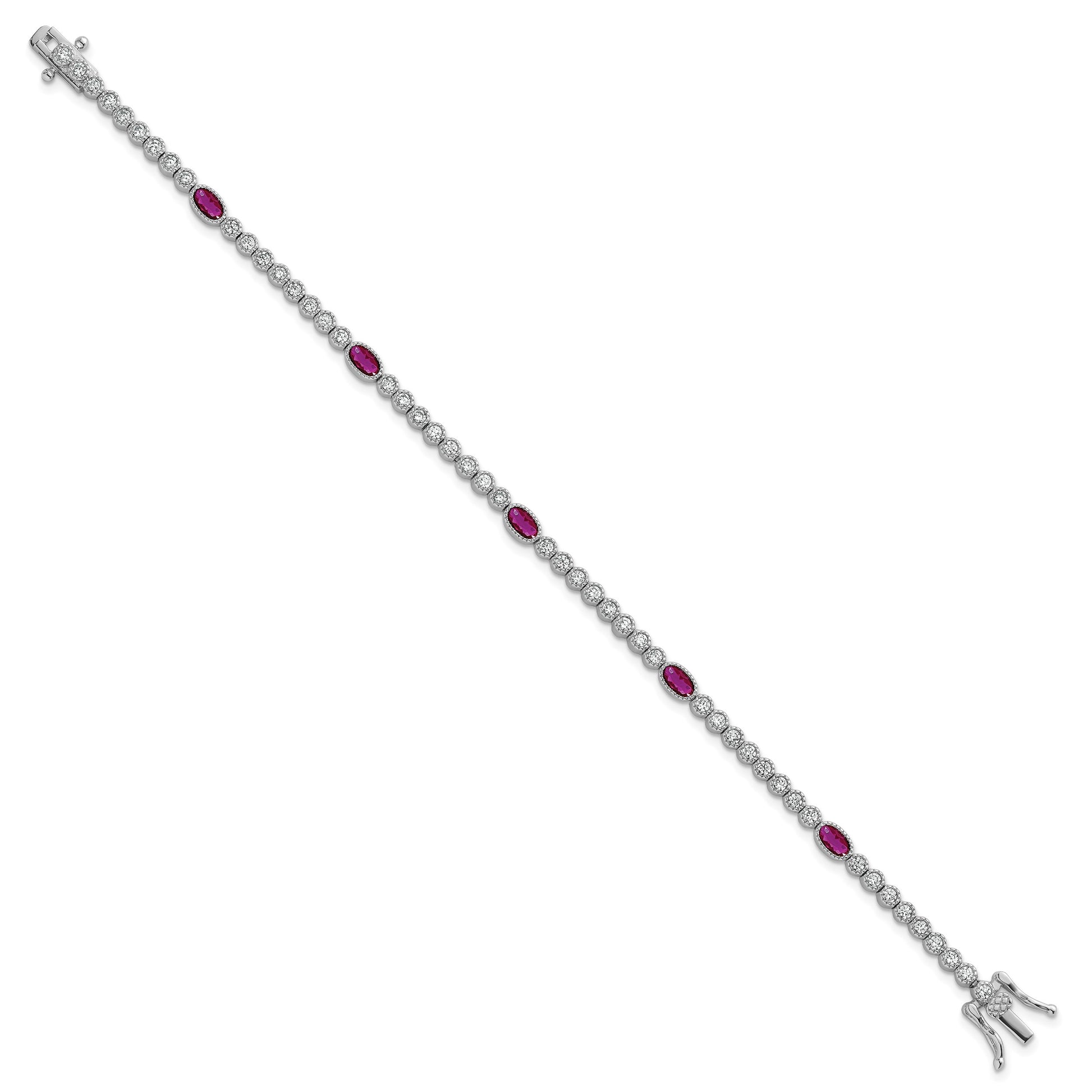 Sterling Silver Rhodium-plated Polished and Beaded Fancy Oval Red and Round White CZ 7 Inch Bracelet