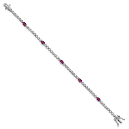 Sterling Silver Rhodium-plated Polished and Beaded Fancy Oval Red and Round White CZ 7 Inch Bracelet