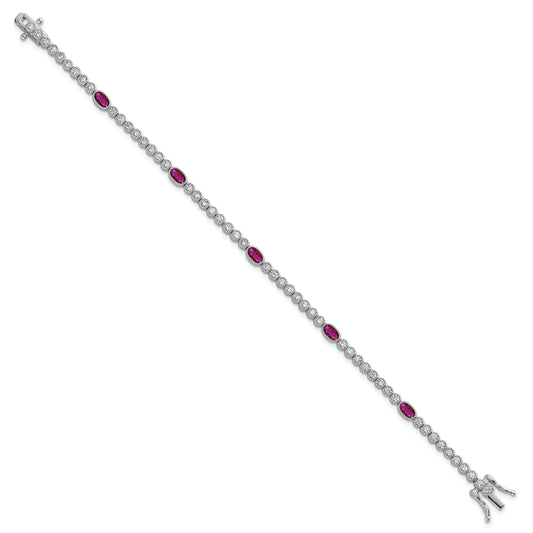 Sterling Silver Rhodium-plated Polished and Beaded Fancy Oval Red and Round White CZ 7 Inch Bracelet