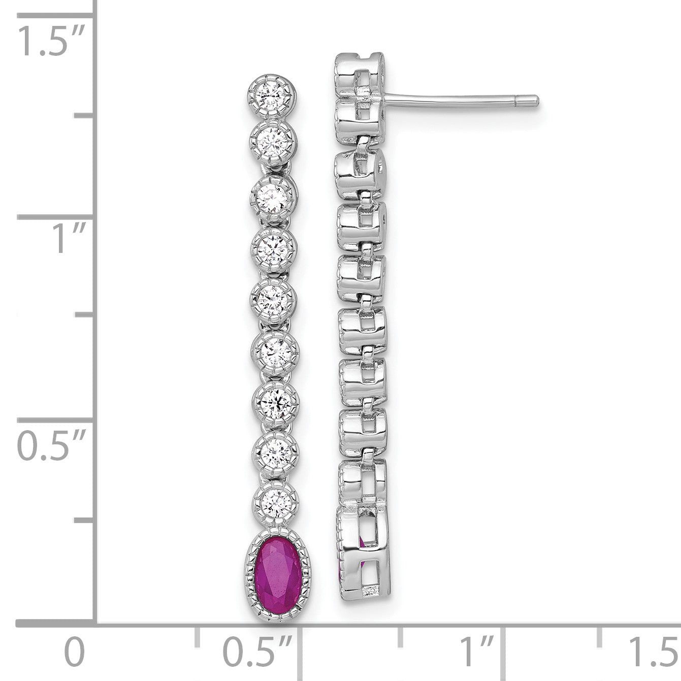 Sterling Silver Rhodium-plated Polished and Beaded Oval Red and Round White CZ Dangle Post Earrings