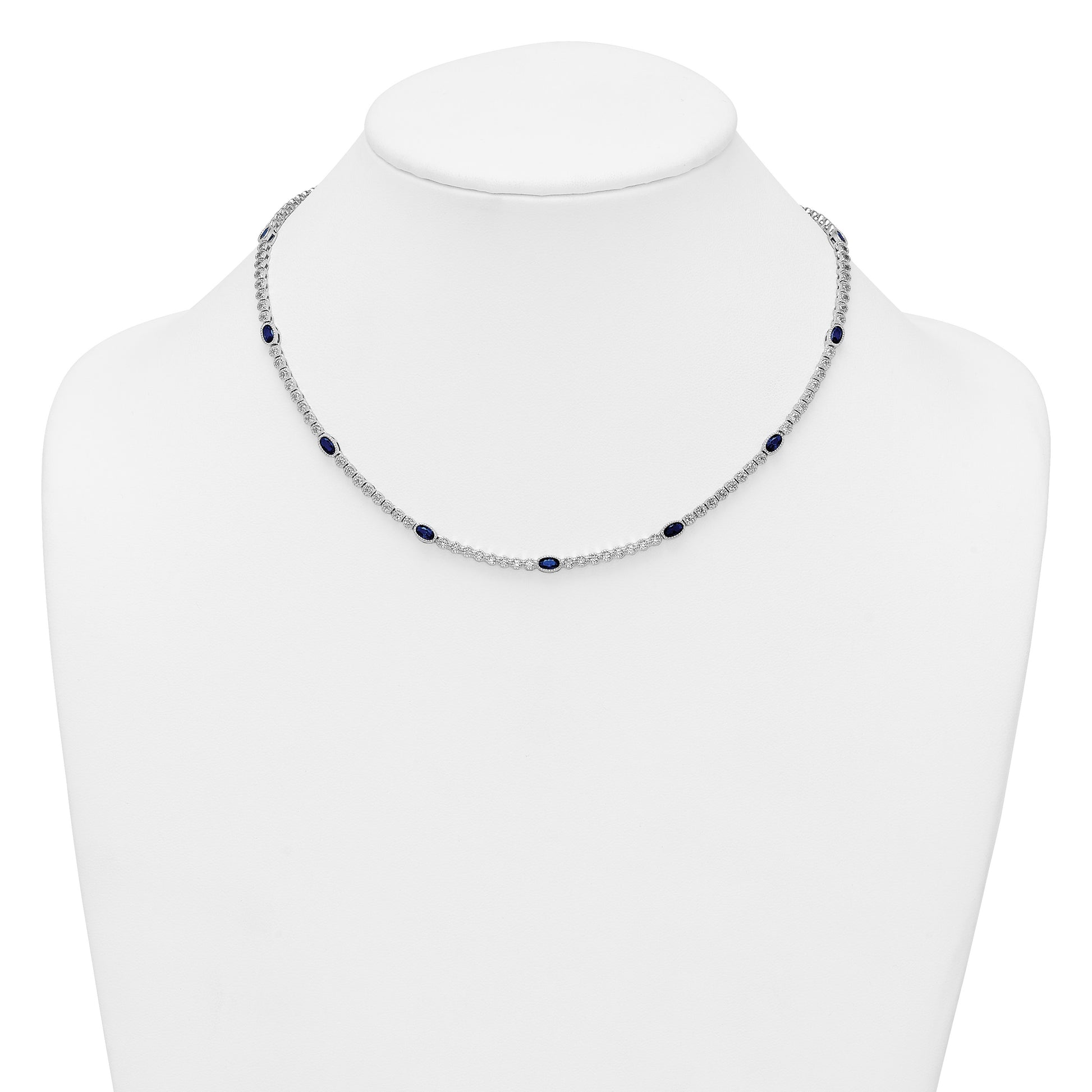 Sterling Silver Rhodium-plated Polished and Beaded Fancy Oval Blue and Round White CZ 17 Inch Necklace