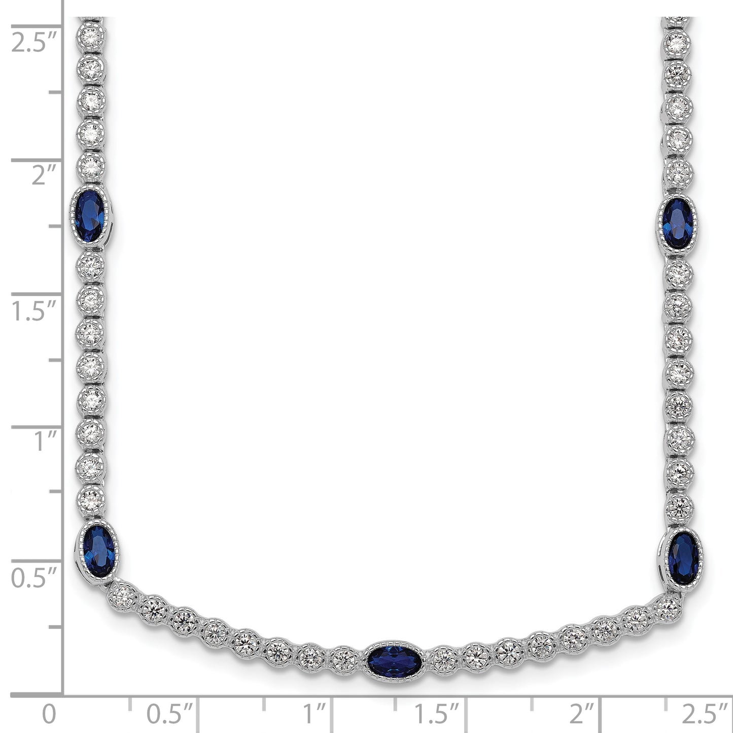 Sterling Silver Rhodium-plated Polished and Beaded Fancy Oval Blue and Round White CZ 17 Inch Necklace