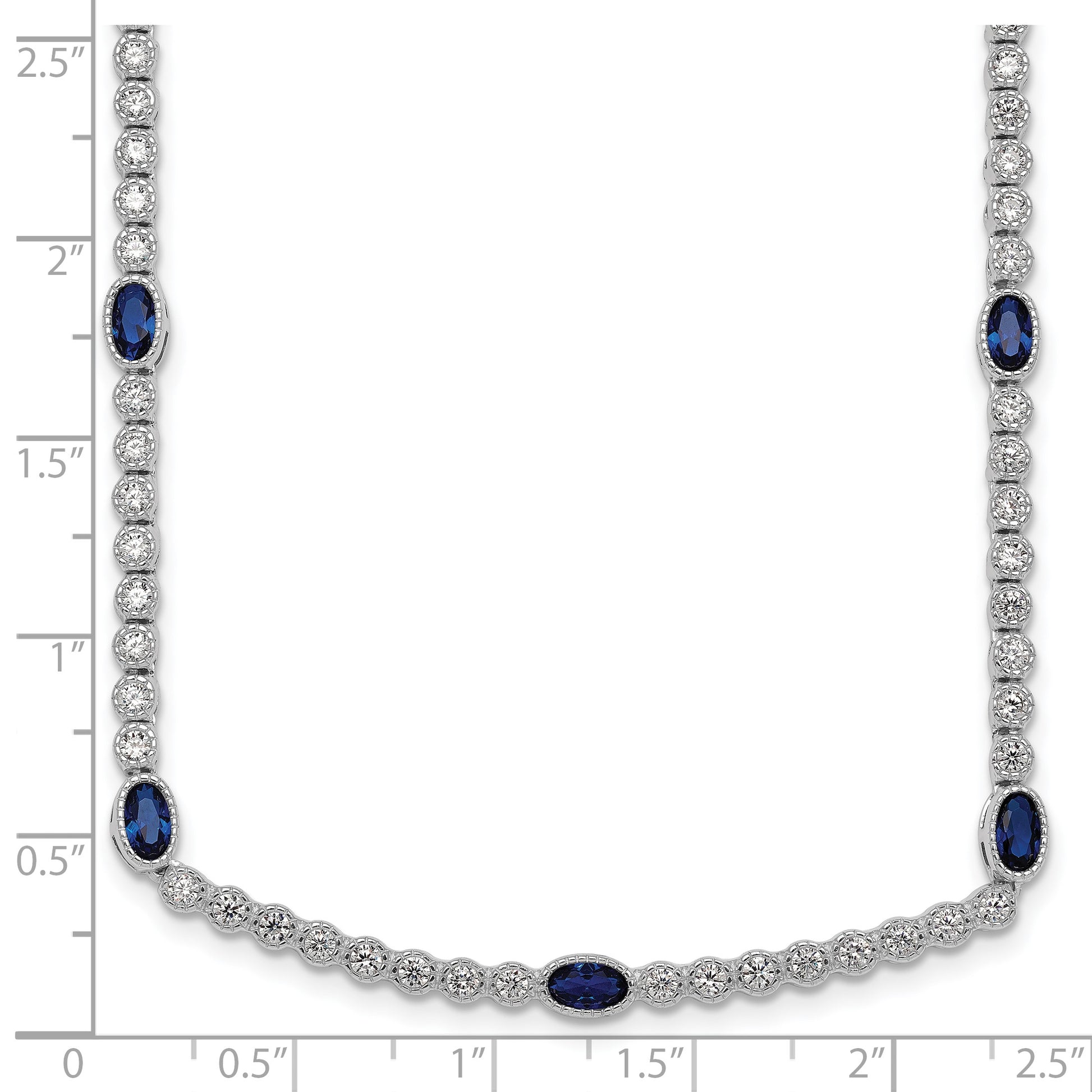 Sterling Silver Rhodium-plated Polished and Beaded Fancy Oval Blue and Round White CZ 17 Inch Necklace