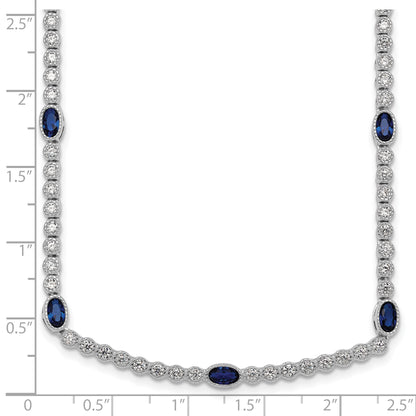 Sterling Silver Rhodium-plated Polished and Beaded Fancy Oval Blue and Round White CZ 17 Inch Necklace