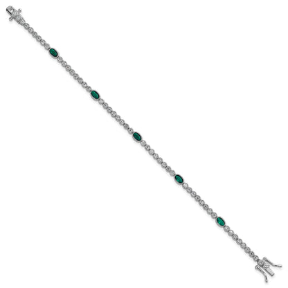 Sterling Silver Rhodium-plated Polished and Beaded Fancy Oval Green and Round White CZ 7 Inch Bracelet