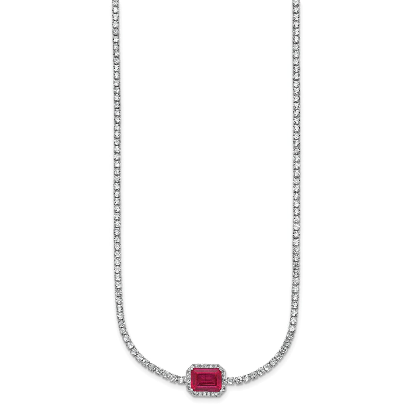 Sterling Silver Rhodium-plated Polished Fancy Emerald-cut Red and White CZ Halo 16 Inch with 2 Inch Extension Necklace
