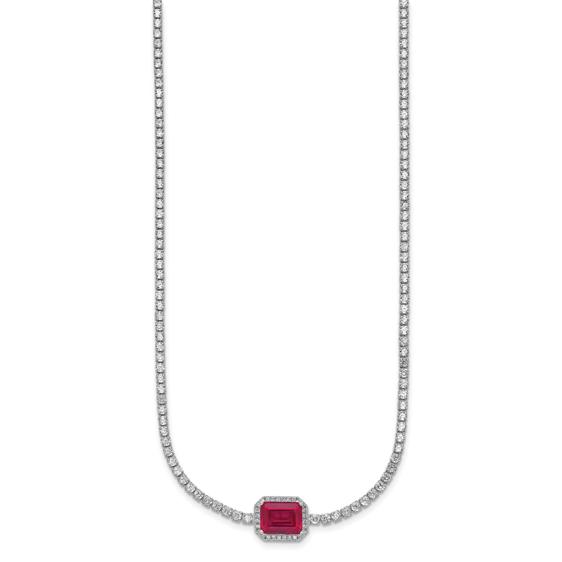 Sterling Silver Rhodium-plated Polished Fancy Emerald-cut Red and White CZ Halo 16 Inch with 2 Inch Extension Necklace