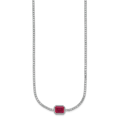 Sterling Silver Rhodium-plated Polished Fancy Emerald-cut Red and White CZ Halo 16 Inch with 2 Inch Extension Necklace