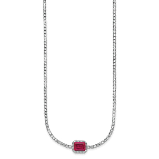 Sterling Silver Rhodium-plated Polished Fancy Emerald-cut Red and White CZ Halo 16 Inch with 2 Inch Extension Necklace