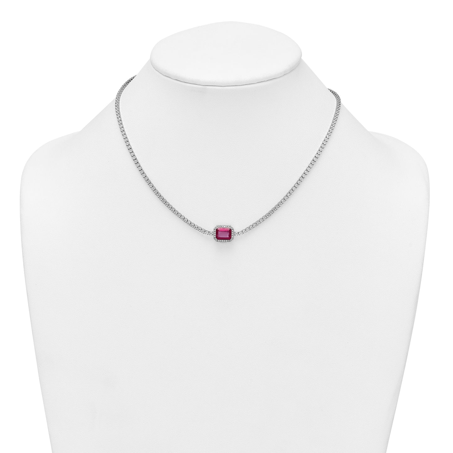 Sterling Silver Rhodium-plated Polished Fancy Emerald-cut Red and White CZ Halo 16 Inch with 2 Inch Extension Necklace