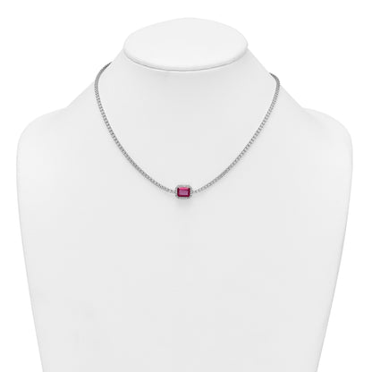 Sterling Silver Rhodium-plated Polished Fancy Emerald-cut Red and White CZ Halo 16 Inch with 2 Inch Extension Necklace