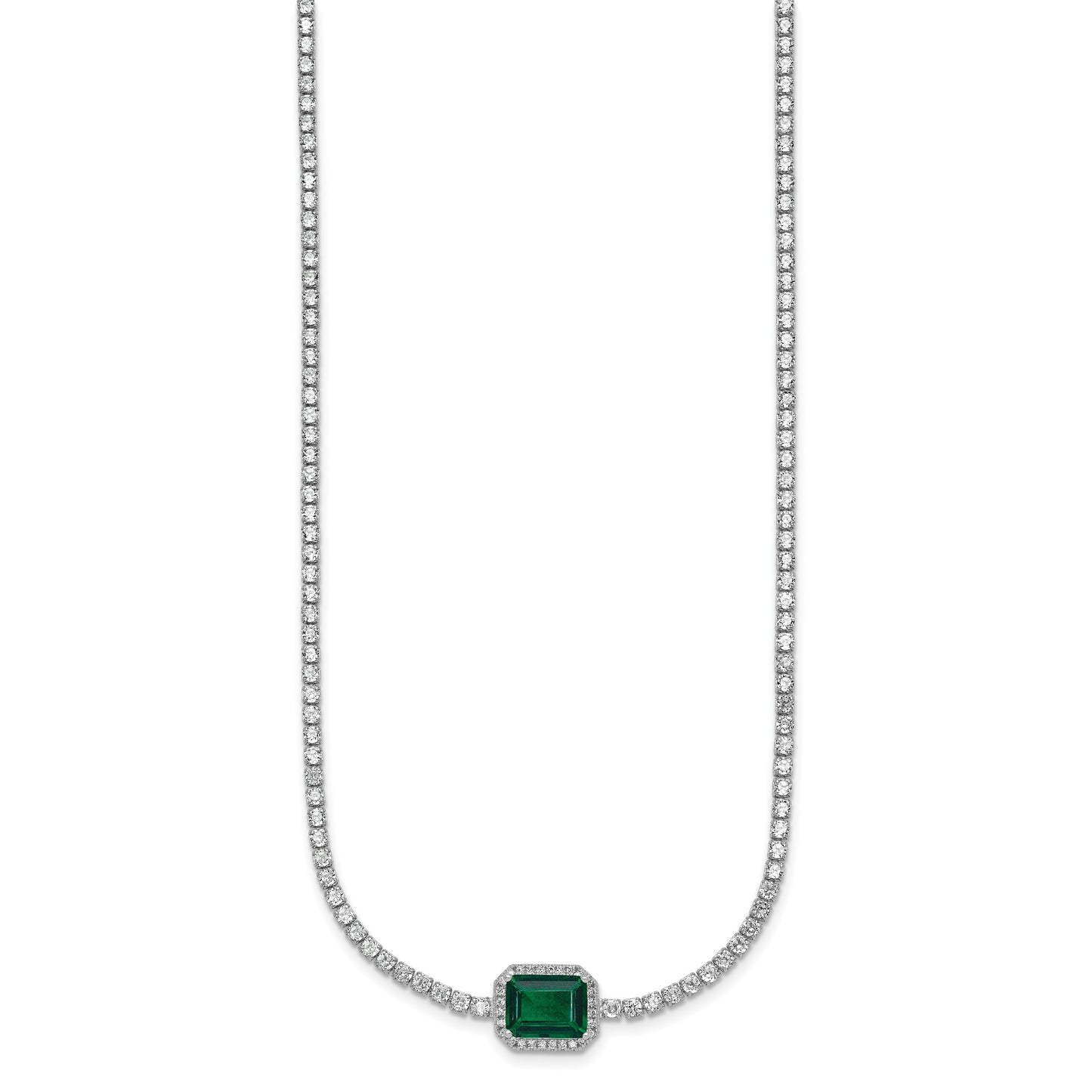 Sterling Silver Rhodium-plated Polished Fancy Emerald-cut Green and White CZ Halo 16 Inch with 2 Inch Extension Necklace