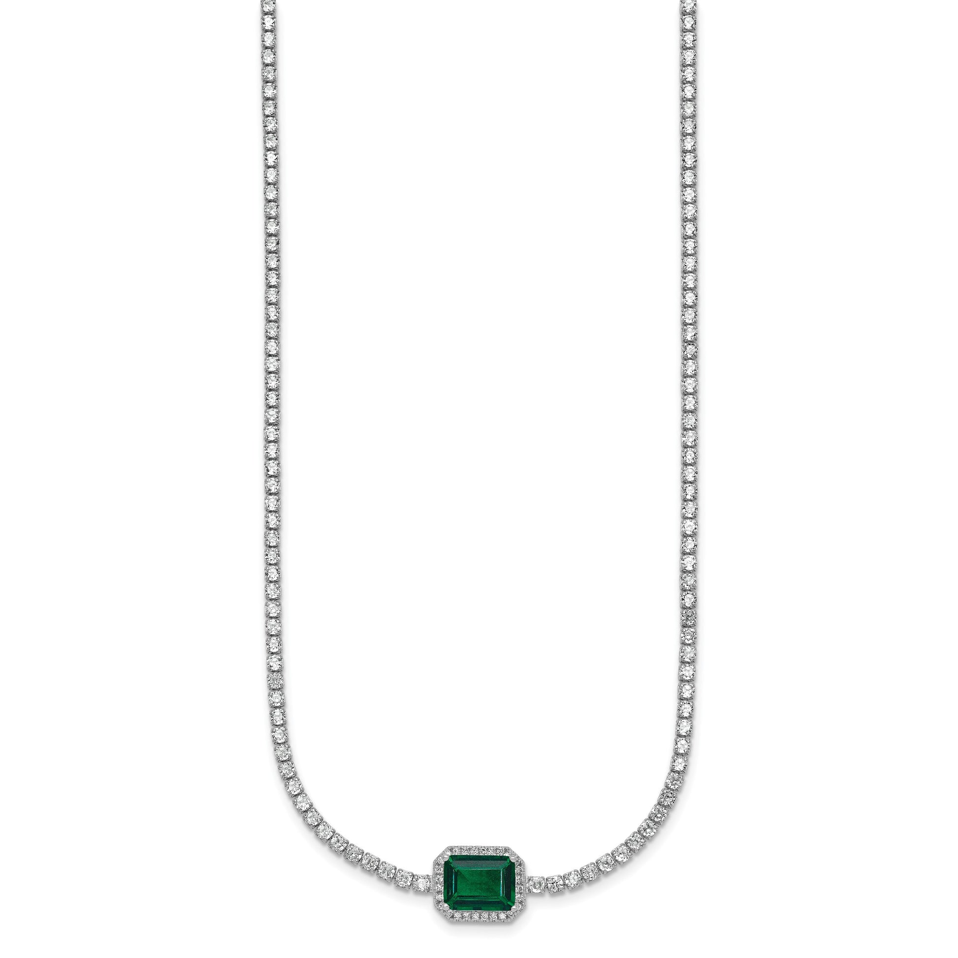 Sterling Silver Rhodium-plated Polished Fancy Emerald-cut Green and White CZ Halo 16 Inch with 2 Inch Extension Necklace